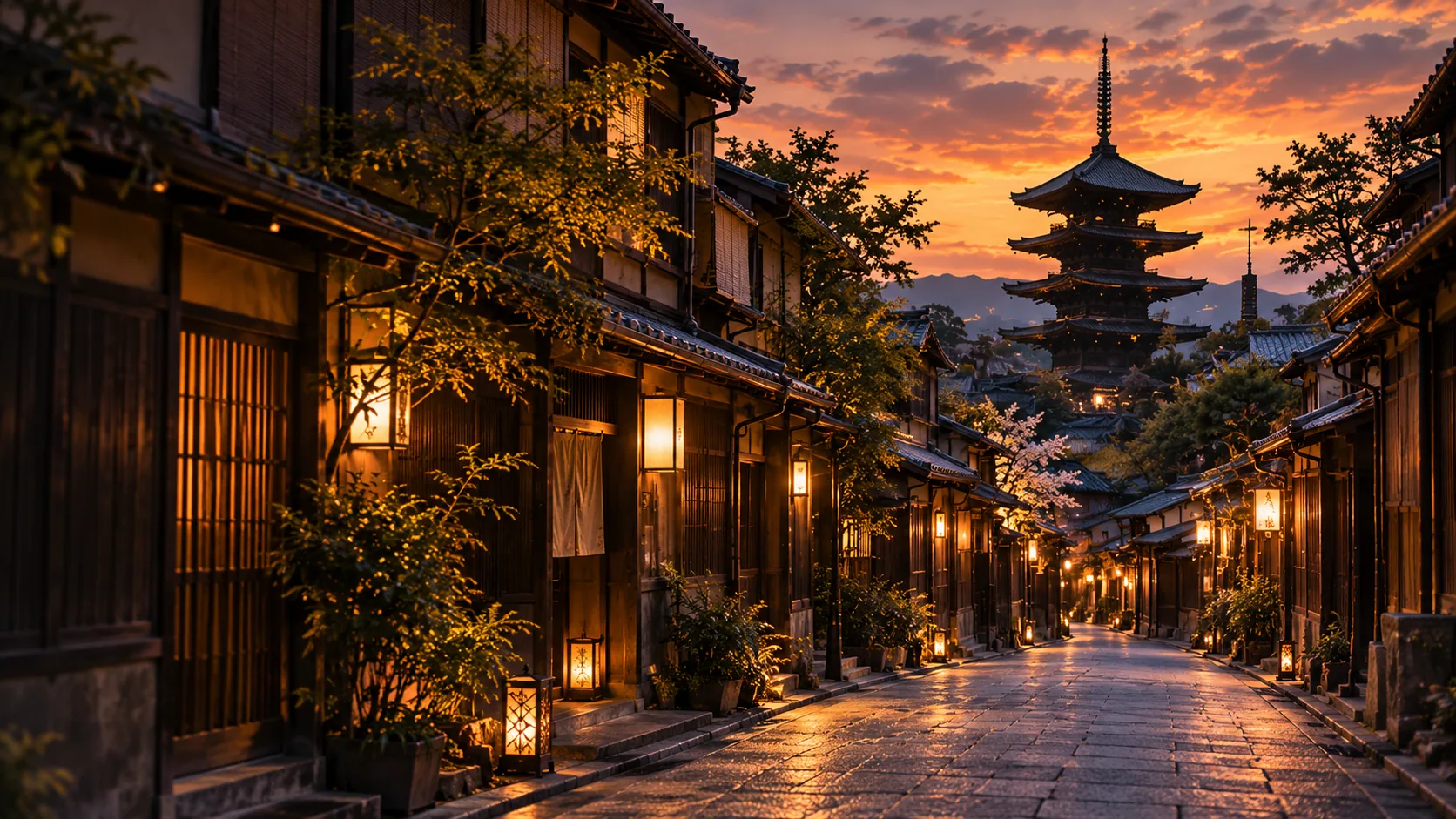 夕暮れの京都・八坂の塔へ続く石畳