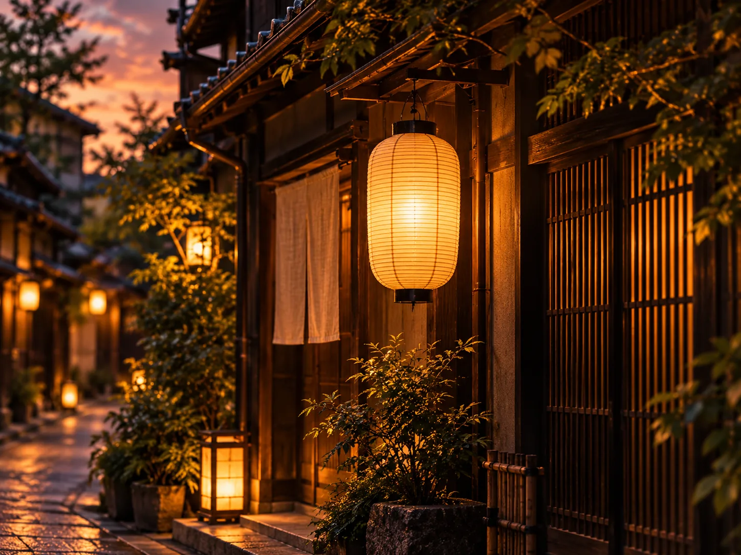 町家の軒先に灯る提灯