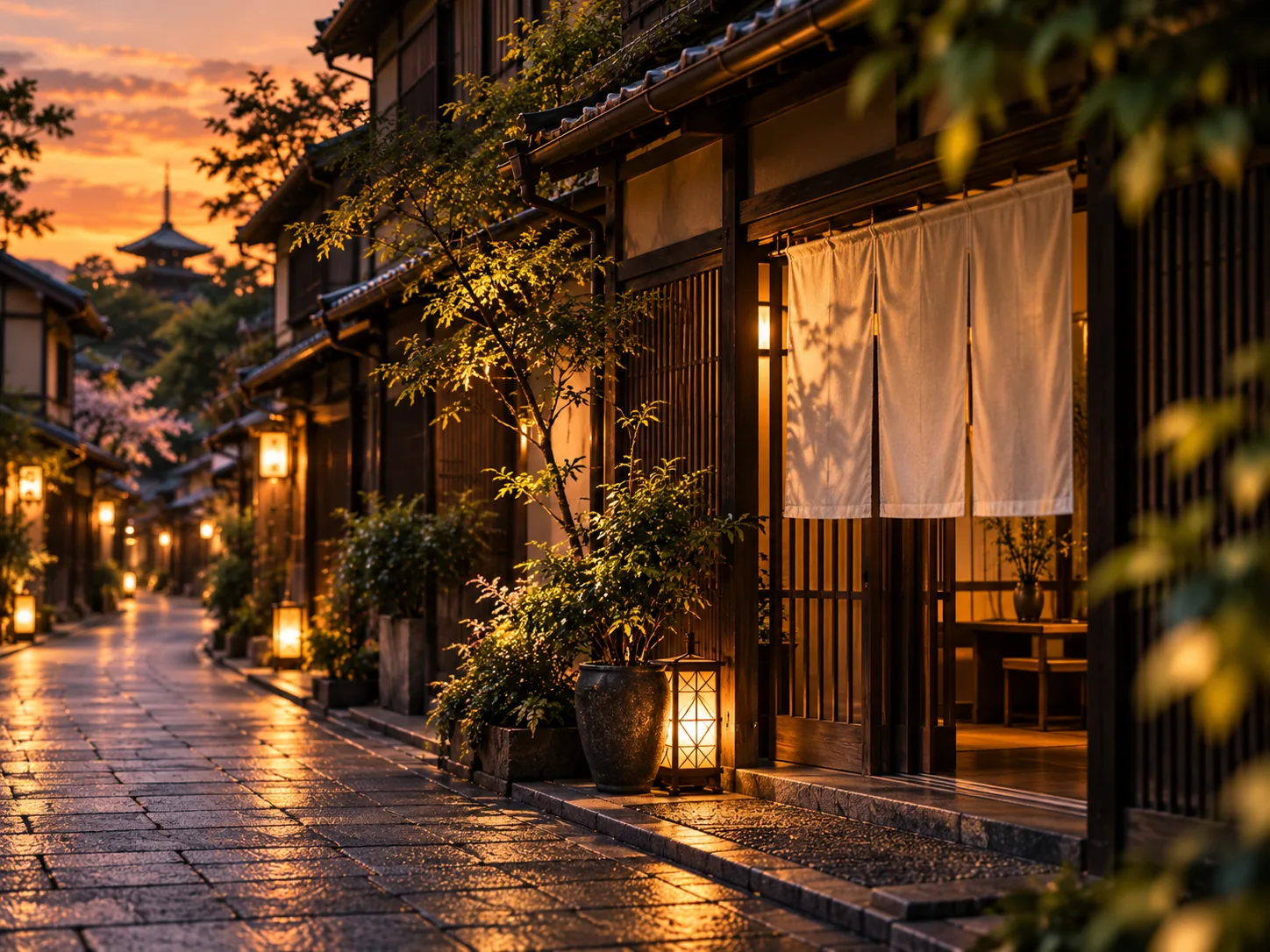 夕暮れの町家と白い暖簾